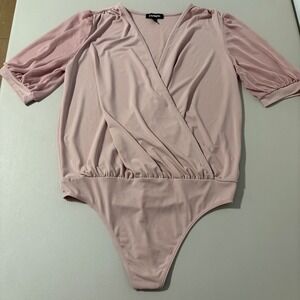 Y2K Express Bodysuit Top Pink Surplice Wrap Sheer Sleeve Blouse Medium M